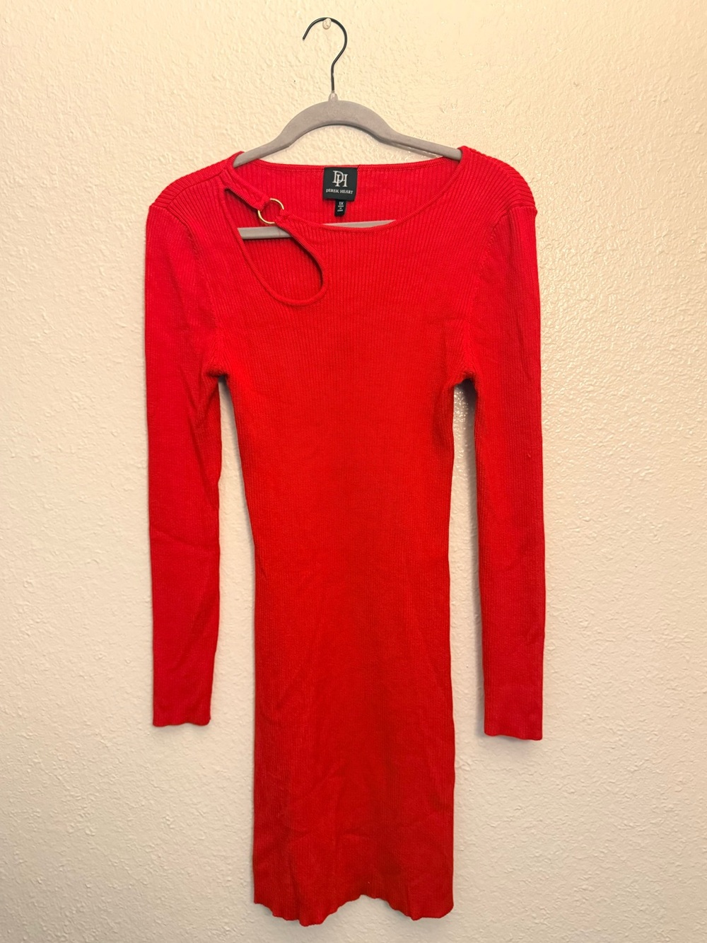Bright Red Long Sleeve Knit Dress with Ring Detail